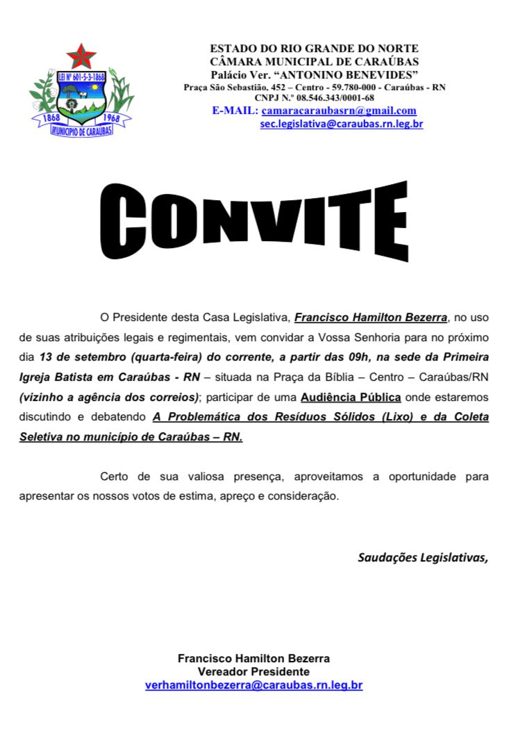 Câmara Municipal realizará Audiência Pública para debater a Problemática dos Resíduos Sólidos e da Coleta  Seletiva no município de Caraúbas 