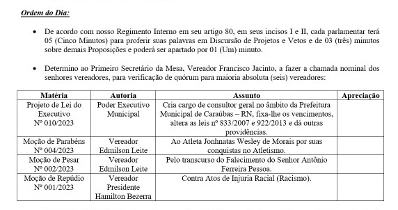 Confira a Pauta da 11° Sessão Ordinária da Câmara Municipal de Caraúbas